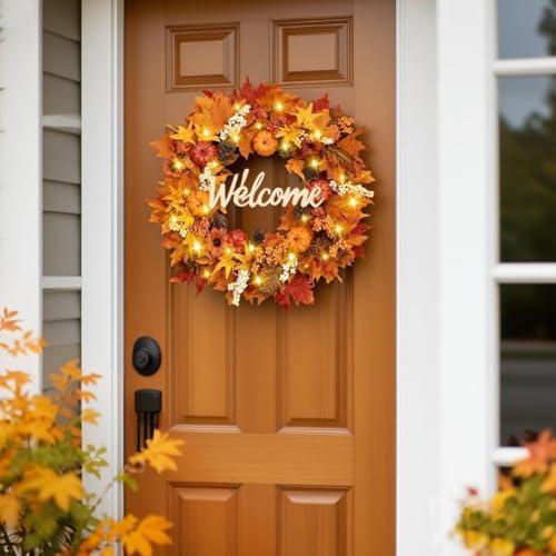 22 Inch Fall Wreath with Lights - Autumn Front Door Decor, 1 Pack