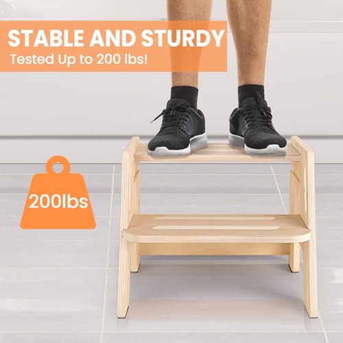 Woodure Wooden Height-Adjustable 2-Step Toddler Stool with Handles - Original Wooden Colour