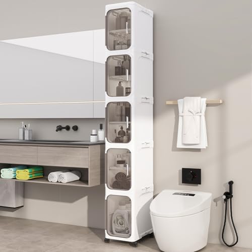 White 5-Tier Slim Bathroom Storage Cabinet - Foldable & Movable