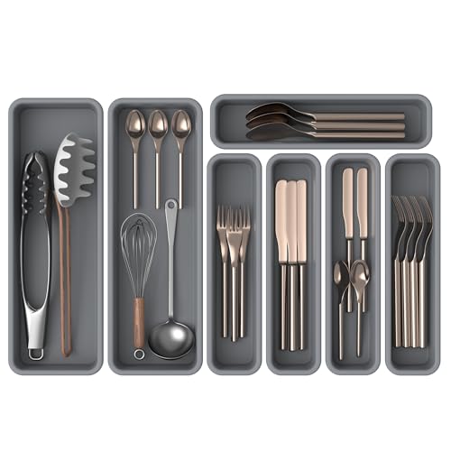 7 Pack Silicone Silverware Drawer Organizer - DIY Customizable, Heat-Resistant Up to 200°C, Anti-Slip, Moisture-Proof Kitchen Utensil Tray - Grey