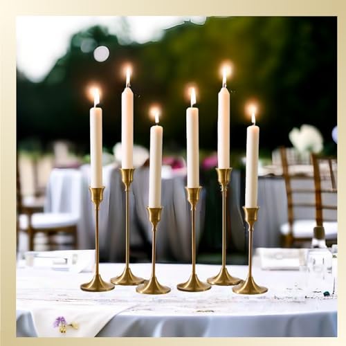 MENONEE ZT05 Brass Gold 6-Piece Candlestick Set - Taper Candle Holders for Mantel & Table Centerpieces