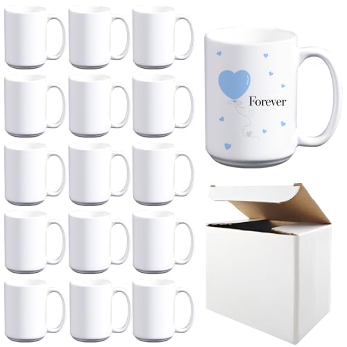 15 Pack 15oz Sublimation Mugs with Boxes - White Coffee Cups for Custom Printing