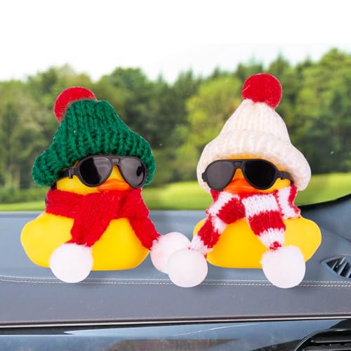 MuMyer Christmas Rubber Ducks Car Ornament G-white&red_white 2 Inches - Dashboard Decorations with Hat Sunglasses & Scarf