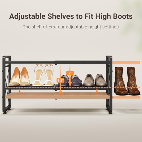 Black Expandable 2-Tier Metal Shoe Rack, Adjustable Closet Organizer