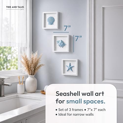 Tide and Tales 3D Coastal Wall Art, Beach Decor, Framed Set of 4, Blue