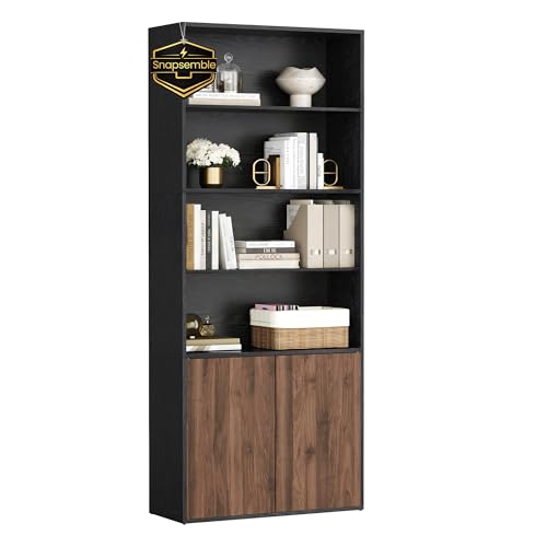 SONGMICS HOME Snapsemble 6-Tier Book Shelf with Doors, Adjustable Shelves, Ebony Black + Natural Walnut