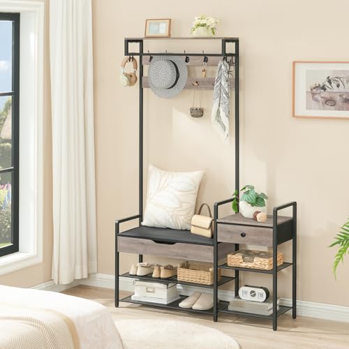 Hall Tree with Bench and Storage - Greige & Black Entryway Organizer