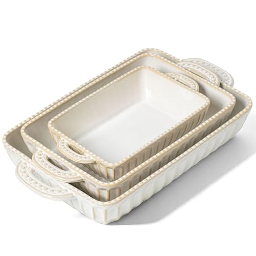Rectangular Ceramic Casserole Dish Set with Handles - Vintage Hobnail Bakeware of 3 - Oven & Microwave Safe - 13.77, 11.6, 8.85 Inches - A-Rectangular