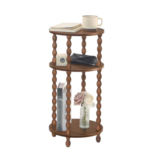 Small Round End Table with 3-Tier Open Shelves - Walnut Brown