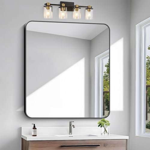 BONEWEI 36x40 Inch Black Rounded Rectangle Wall Mirror - Vanity, Bathroom & Living Room Decor
