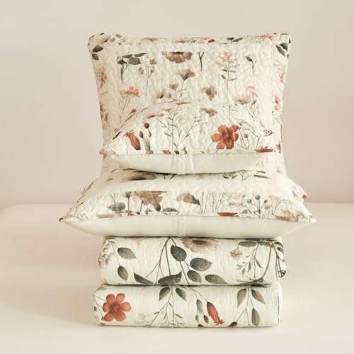 DaDa Bedding Enchanted Meadow King Quilt Set Floral Bedspread Beige