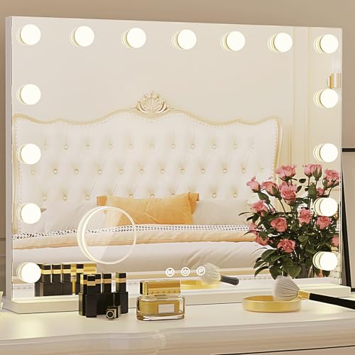 ZazaFi White Hollywood Vanity Mirror with Lights, 15 Bulbs, 3 Color Options, 23" x 18" with USB Charging Port
