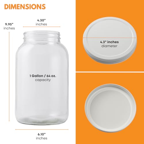 8 Pack 1-Gallon Wide Mouth Mason Jars with White Airtight Lids - Heavy-Duty Glass