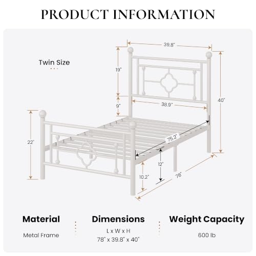SHA CERLIN 14 Inch Twin Metal Platform Bed Frame with Vintage Iron Headboard - White, Noise-Free & Easy Assembly