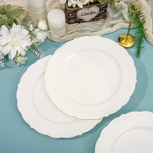 DaYammi Ivory Plastic Dinner Plates - 10 Inch Disposable Set for 60 Guests
