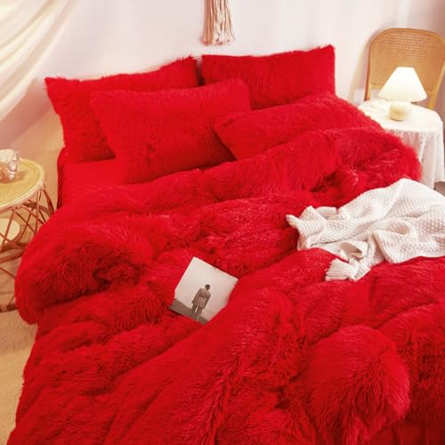 HAIHUA Red Queen Plush Faux Fur Comforter Cover Set with Pillowcases