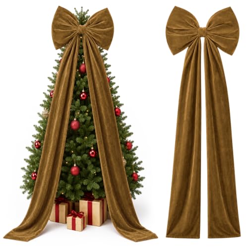 ARQRHTLY 75x20 Inch Dark Brown Velvet Bow Christmas Tree Topper - Rustic Holiday Decor
