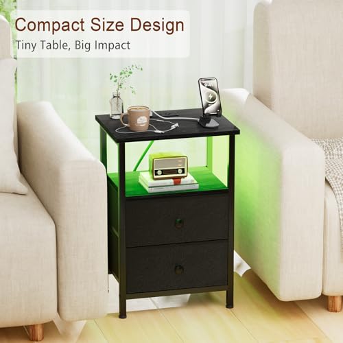 LOAKEKEL Black Two-Drawer LED Nightstand with Charging Station