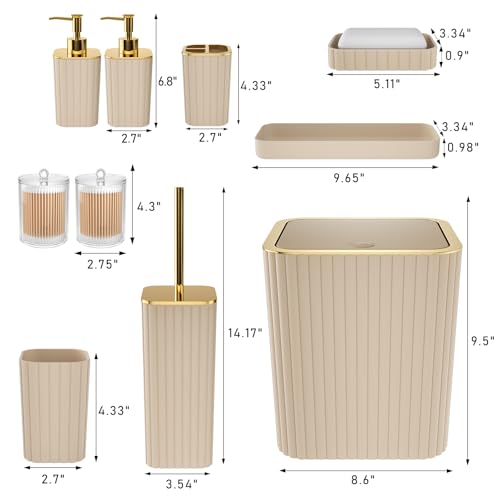 Beige & Gold Bathroom Accessories Set - 10 Piece Plastic Bath Set with Soap Dispenser and Tumbler