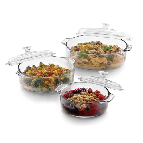 Libbey Baker's Basics Glass Casserole Dish Set with Covers - Basic 3-Piece Round Set