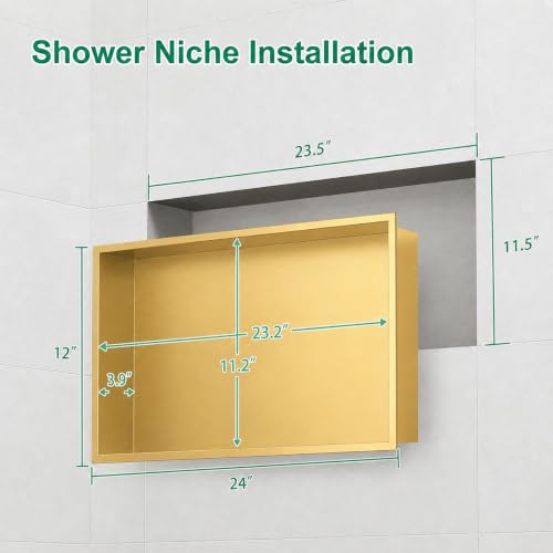 Stainless Steel Shower Niche Insert 24x12 Brushed Gold - Waterproof, No Tile Needed