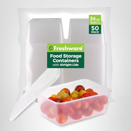 Freshware Food Storage Containers [50 Set] 34 oz Plastic Deli Containers with Lids, Slime, Soup, Meal Prep Containers, BPA Free, Stackable, Leakproof, Microwave, Dishwasher and Freezer Safe