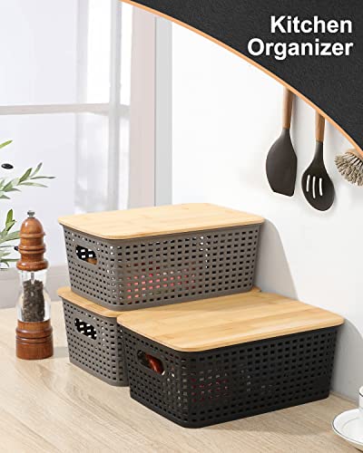 AREYZIN Black Storage Bins with Bamboo Lids Set of 6 - Stackable Closet & Kitchen Organizers