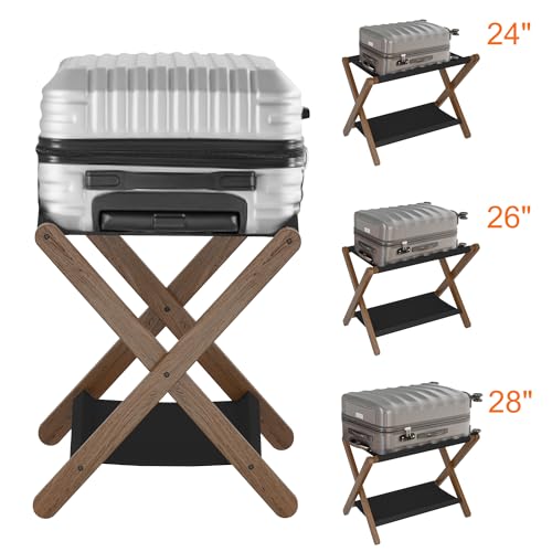 Heybly Walnut Folding Luggage Rack with Storage Shelf - Hotel Style Suitcase Stand