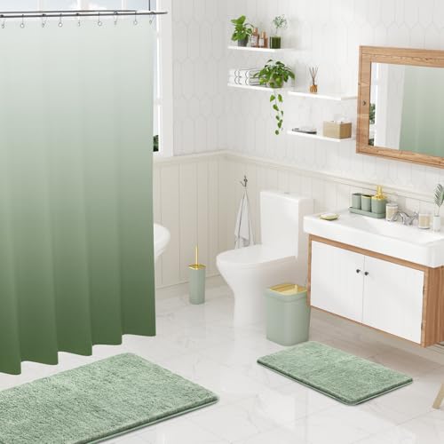 XLHOMO Sage Green Complete Bathroom Set Press-Lid with Rugs & Shower Curtain
