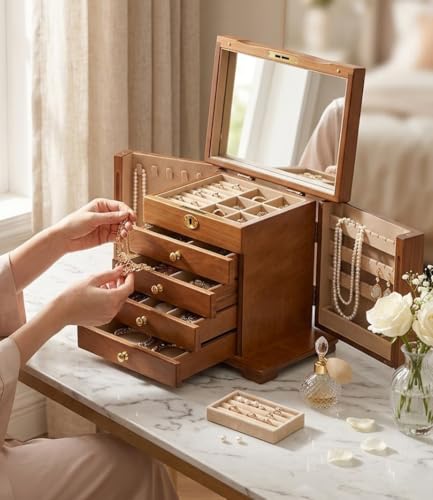 Wood Jewelry Box Organizer with Lockable Drawers & Mirror - 5-Drawer Storage