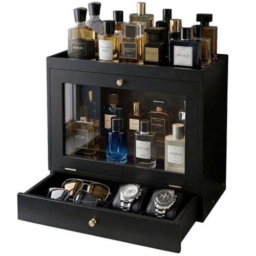 Large Capacity Wooden Cologne Organizer with Dustproof Acrylic Door and Drawer for Men