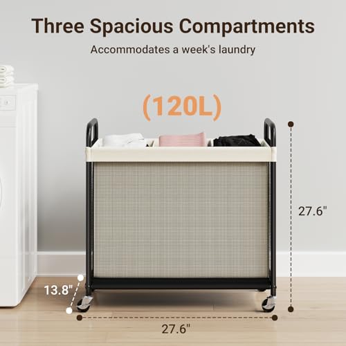 ELYKEN 3-Section Laundry Hamper with Removable Liner - Beige 120L Rolling Sorter
