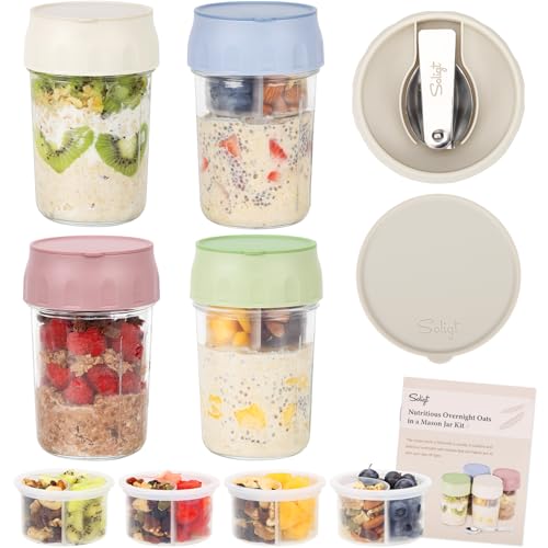 SOLIGT 4 Pack Overnight Oats Containers with Lids, Folding Spoons and