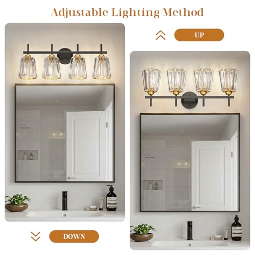 Crystal Bathroom Light Fixtures Over Mirror Black Gold 4-Lights Vanity Wall Sconces with Ceramic E26 Base - Modern Style