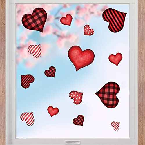 Horaldaily 120 PCS Valentine Window Cling Sticker, Red Buffalo Plaid Stripe Dots Love Hearts Home Party Supplies Shop Window Glass Display Decoration