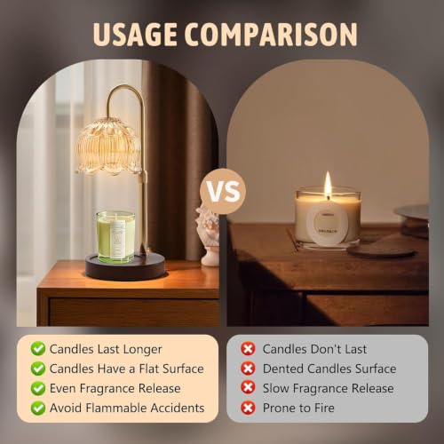 GEEZO Gold Fragrance Candle Warmer Lamp with Timer & Dimmer – Adjustable Height 13.3in, 2x50W Bulbs