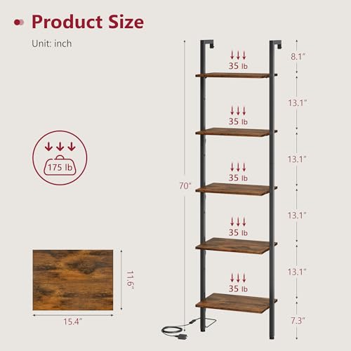 Wall Mounted Ladder Bookshelf with Light - Rustic Brown, 5 Tiers