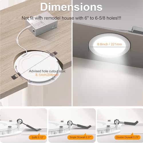 6 Pack 8 Inch LED Recessed Downlights with Dimmable 3CCT & Junction Box - White