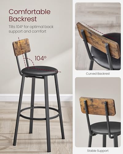 VASAGLE Rustic Brown & Black Set of 2 Bar Stools - 29.7 Inch Modern Kitchen Chairs
