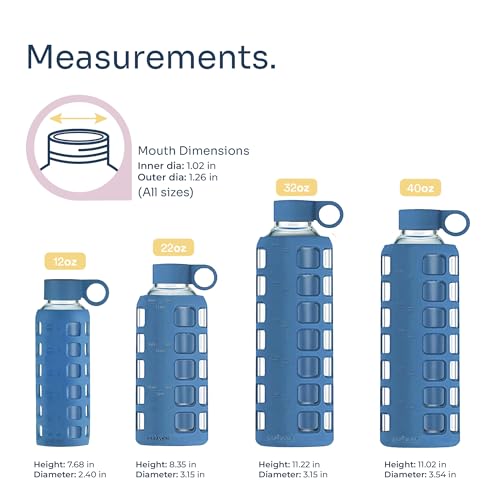 Purifyou 32oz Borosilicate Glass Water Bottle with Time & Volume Markers, Silicone Sleeve, Stainless Steel Lid – Chinese Porcelain Variant