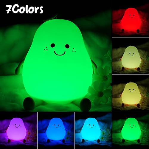 Night Light Pear Cute LED Nursery Nightlight Lamp, Tap Control Squishy Silicone, USB Rechargeable Bedside Lamp for Bedroom, Warm White & 7 Colors, Christmas Gift