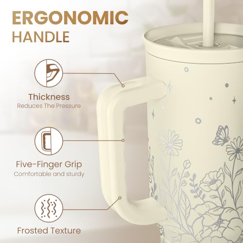 Floral 40oz Insulated Stainless Steel Travel Mug with Handle for Coffee & Drinks - Gift for Women & Girls