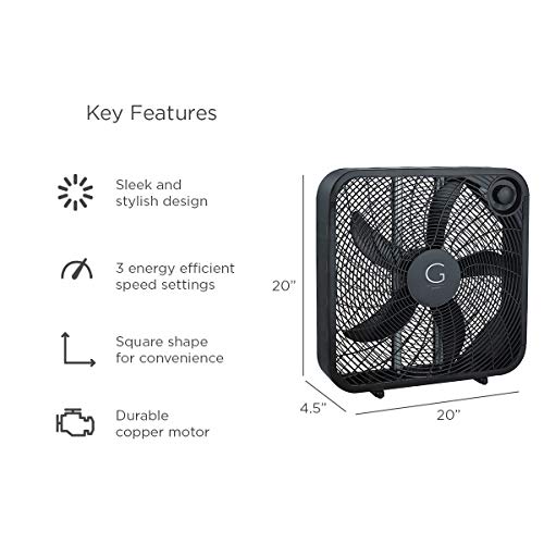 20-Inch Box Fan with 3-Speed Settings, High Velocity Cooling, Carry Handle - Black