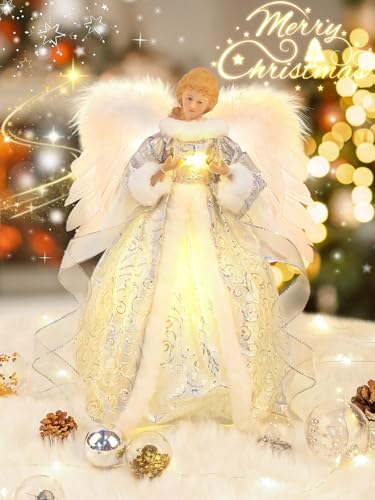 HOHOTIME Silver 14'' Angel Tree Topper with White Feather Wings & LED Light