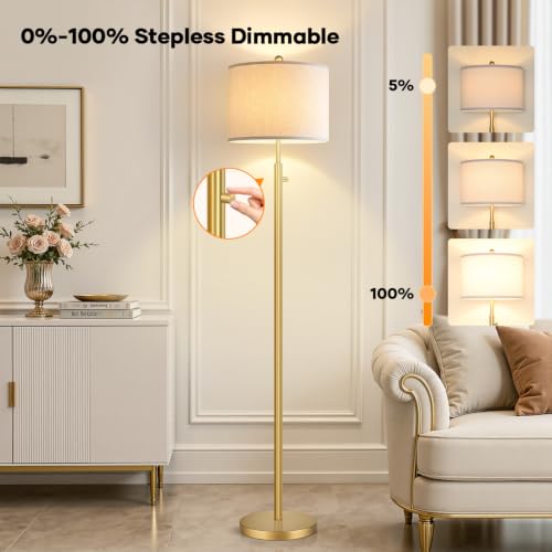 Dimmable Floor Lamp with Linen Shade - Gold Finish, Tall Standing Light, 11W LED Bulb Included, Modern Living Room & Bedroom Decor - Gold Line Shade