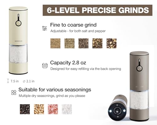 GORMODE 2-Pack Rechargeable LED Salt & Pepper Grinders, Adjustable Coarseness, One-Hand Operation, USB Charging, Dust Cover, Greige & Buttercream
