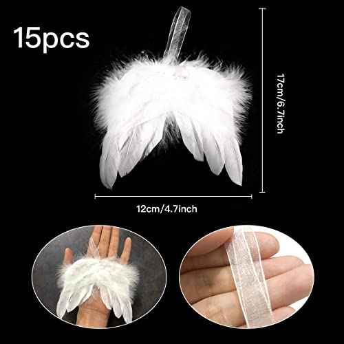 15PCS Angel Feather Wings Ornament White Angel Wing Ornament for Crafts Christmas Tree Mini Hanging Angel Wings Ornament for Christmas Tree Decor Weeding Party (15, White)
