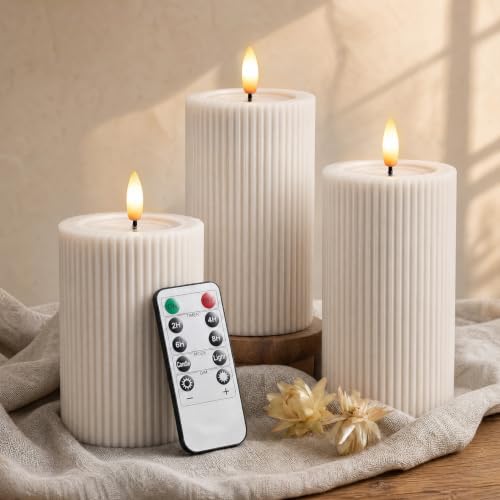 Cream Beige Fluted LED Pillar Candles Set of 3 - Flameless Dimmable Remote Safe Decor