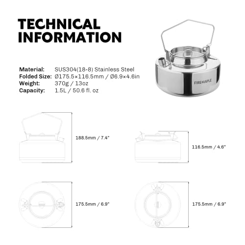 Fire-Maple Antarcti Camping Kettle 1.6 Quarts Stainless Steel Open Fire Pot