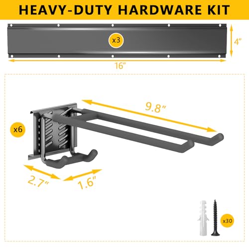 Garage Tool Organizer Wall Mount with 6 Adjustable Double Hooks - 48in Heavy-Duty Storage System